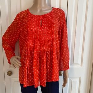 Old Navy Womens Oversized L Red Sheer Blouse with 7/8 Sleeves with Buttons